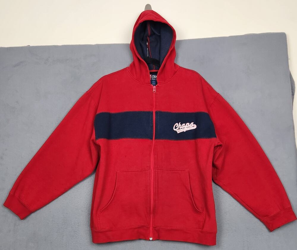 VINTAGE CHAPS RALPH LAUREN Hoodie Mens Large Red Fleece Varsity Style Lettering
